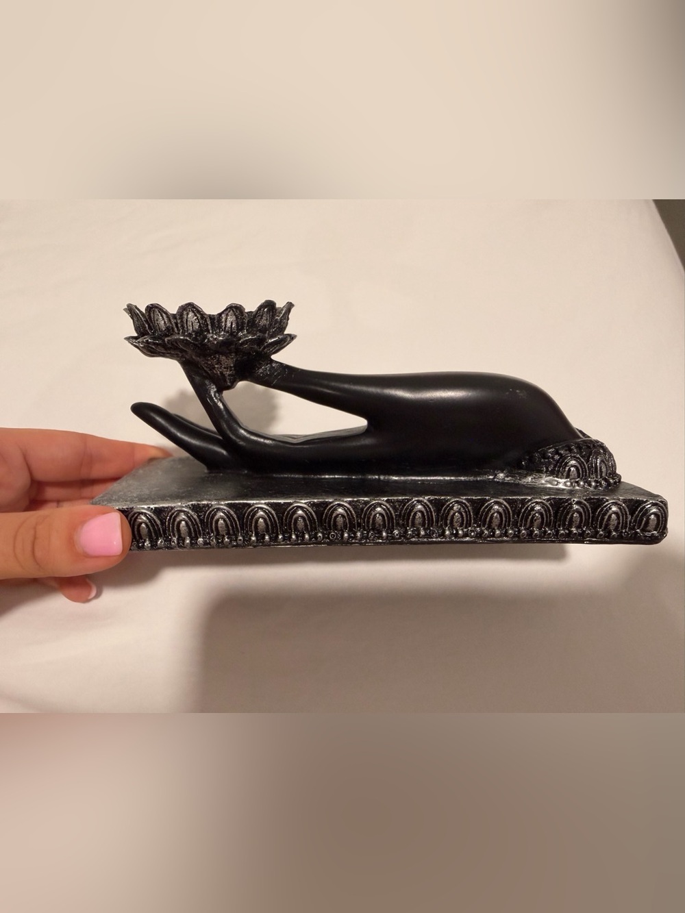 Black Buddha Hand Lotus Incense & Tea Light Candle Holder | Zen Decor - Picture 4 of 5